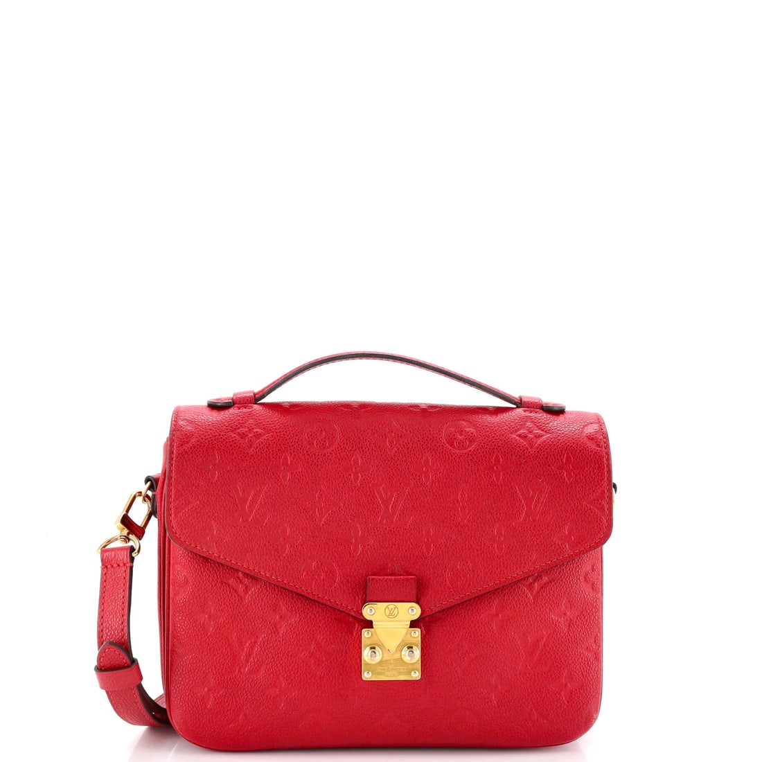 Leather Louis Vuitton Pochette Metis Monogram Empreinte: Leather Louis Vuitton Pochette Metis Monogram Empreinte A stunning Louis Vuitton Pochette Metis Monogram Empreinte in bold red leather, this iconic cross-body bag boasts the signature LV monogram