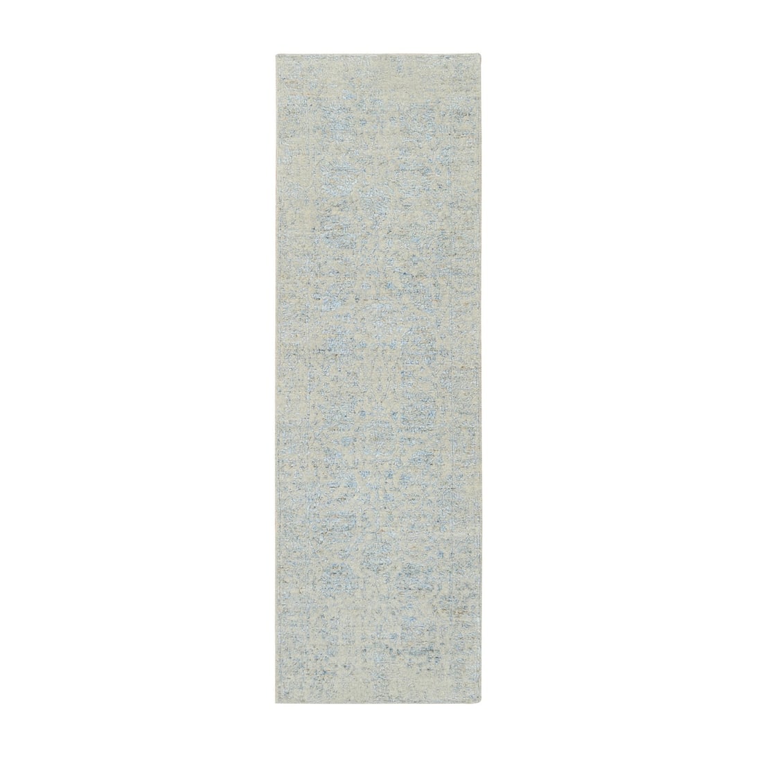 Rug 2'6"x8' Gray Jacquard Hand Loomed Tebraz Design Wool and Silk Runner: Rug 2'6"x8' Gray Jacquard Hand Loomed Tebraz Design Wool and Silk Runner Experience the rich cultural heritage of India with this stunning 8' gray Tebraz design wool and silk runner, hand loomed to