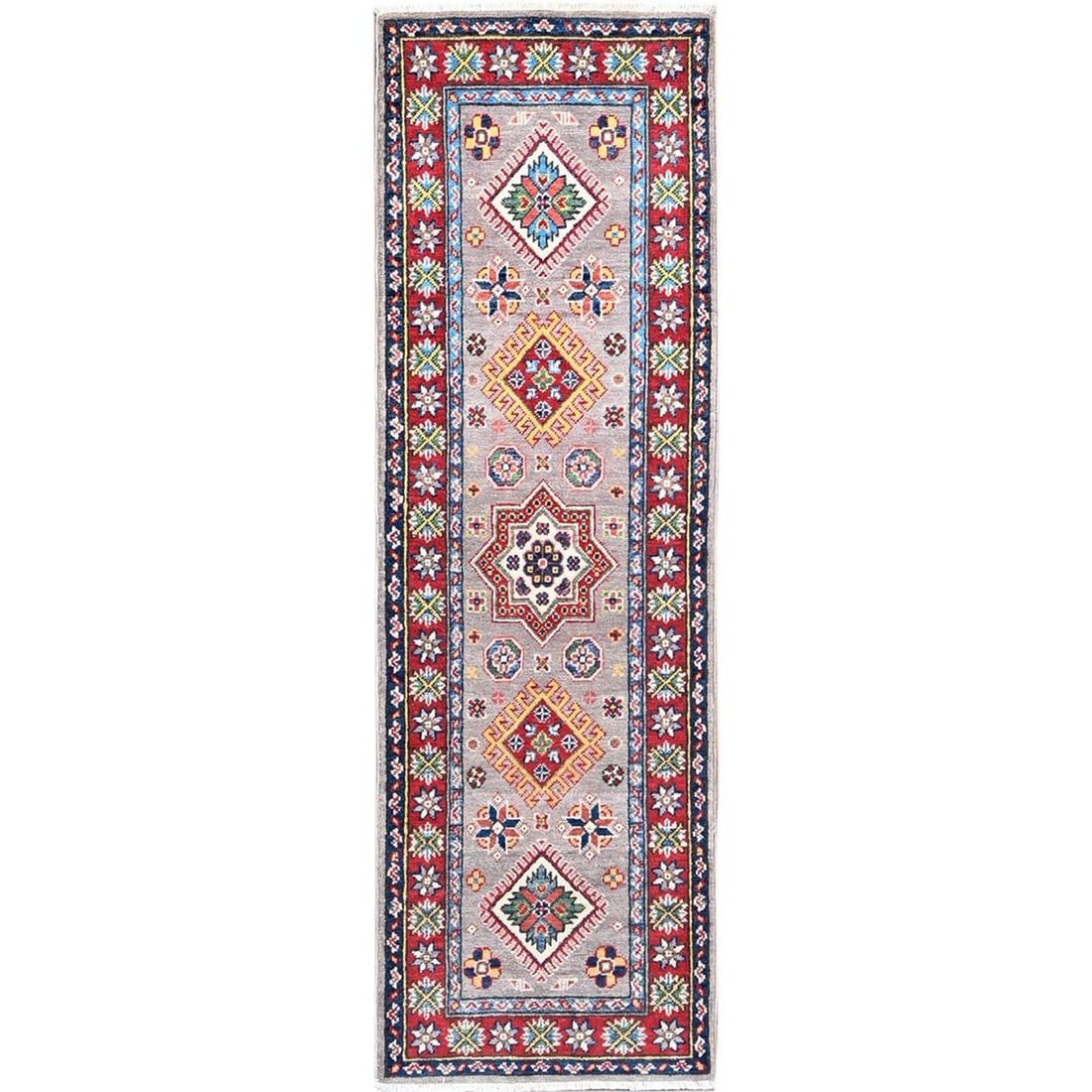 Rug 2'x6'5" Violet Gray Kazak Medallions 100% Wool Hand Knotted Oriental: Rug 2'x6'5" Violet Gray Kazak Medallions 100% Wool Hand Knotted Oriental Experience the rich beauty of Afghan craftsmanship with this stunning 100% wool, hand-knotted Kazak medallion rug in soft