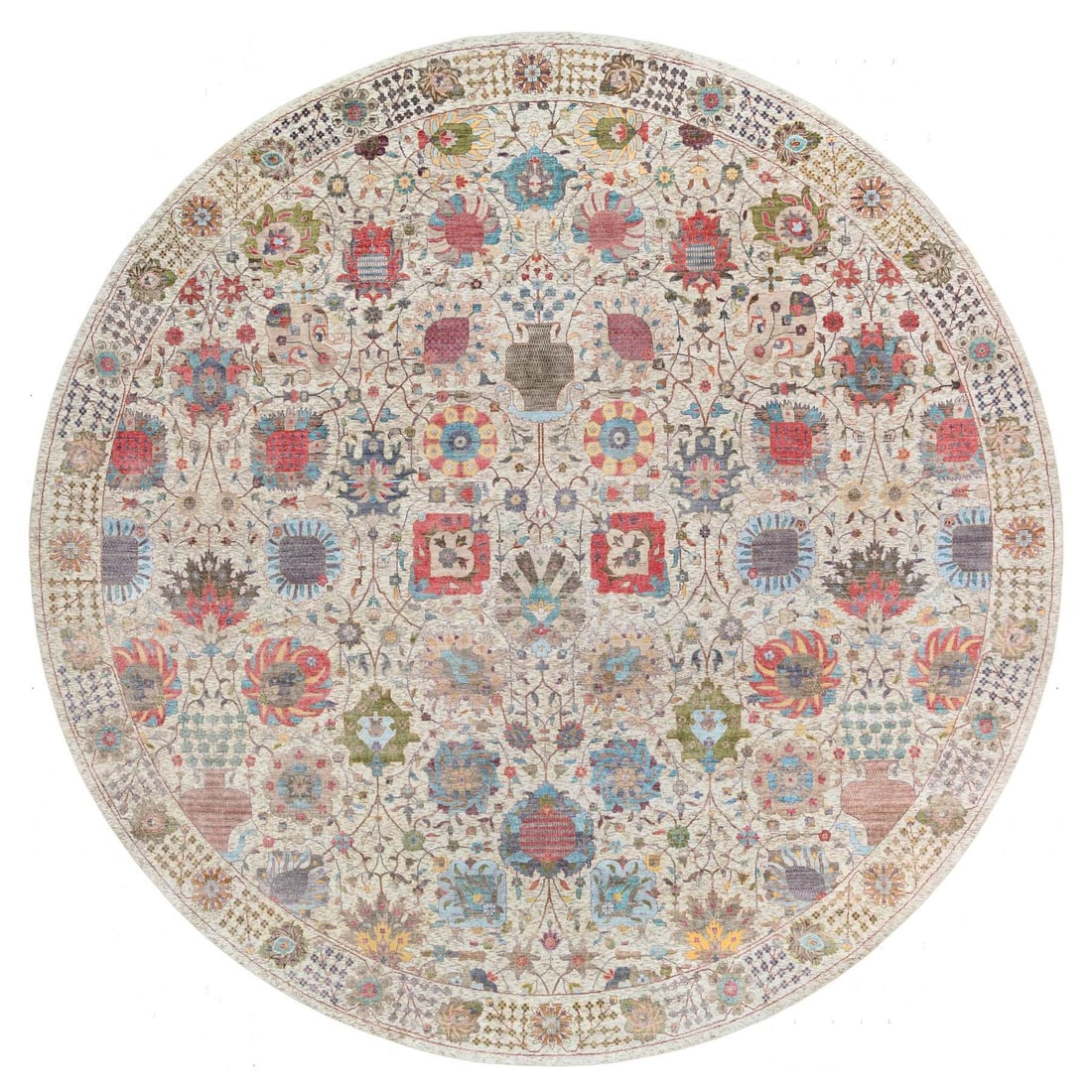 Rug 14'x14' Colorful Tebraz Vase Silk With Wool Hand Knotted Round: Rug 14'x14' Colorful Tebraz Vase Silk With Wool Hand Knotted Round Experience the vibrant colors and rich textures of India's ancient craft with this stunning 14'x14' hand-knotted rug, expertly woven