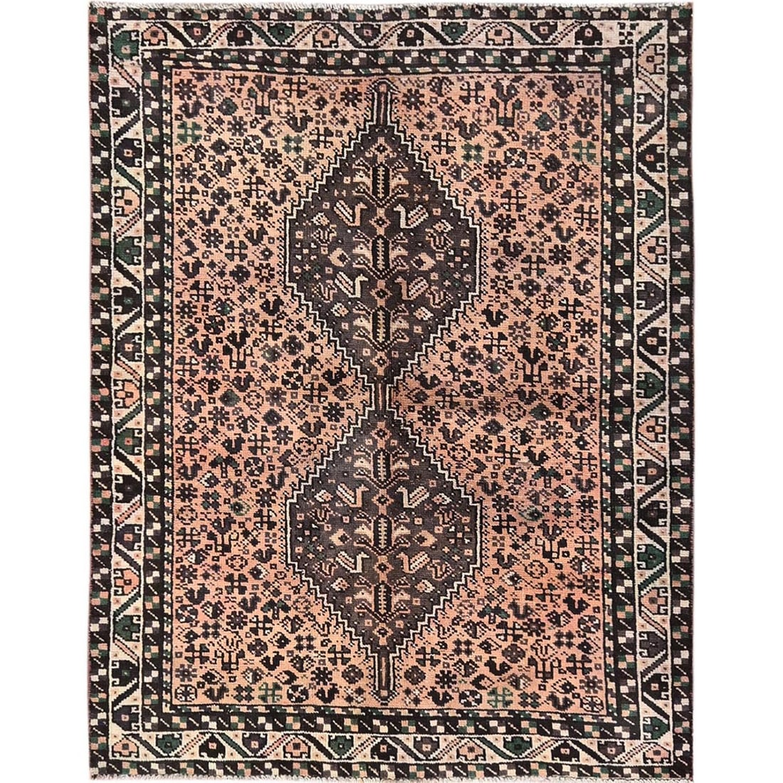 Wear 5'x6'4" Peach Color Vintage Zoroastrian Sheeraz Hand Knotted Wool Even: Wear 5'x6'4" Peach Color Vintage Zoroastrian Sheeraz Hand Knotted Wool Even Experience the rich cultural heritage of Turkey with this stunning 1950s vintage Zoroastrian hand-knotted wool rug,