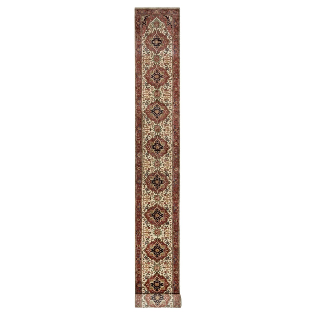 Ivory Antiqued Heris Re-Creation Hand-Knotted Wool Runner Rug (2'7"x21'10"): Ivory Antiqued Heris Re-Creation Hand-Knotted Wool Runner Rug (2'7"x21'10") Experience the timeless beauty of Indian craftsmanship with this stunning Heris-style, hand-knotted wool runner rug, expertl