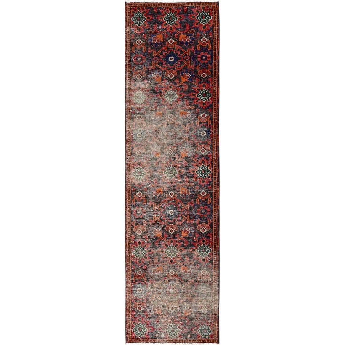Rug 2'6"x9'7" Brown Vintage Northwest Zoroastrian Hand Knotted Wool Runner: Rug 2'6"x9'7" Brown Vintage Northwest Zoroastrian Hand Knotted Wool Runner Experience the rich cultural heritage of Turkey with this stunning vintage brown Zoroastrian hand-knotted wool runner,