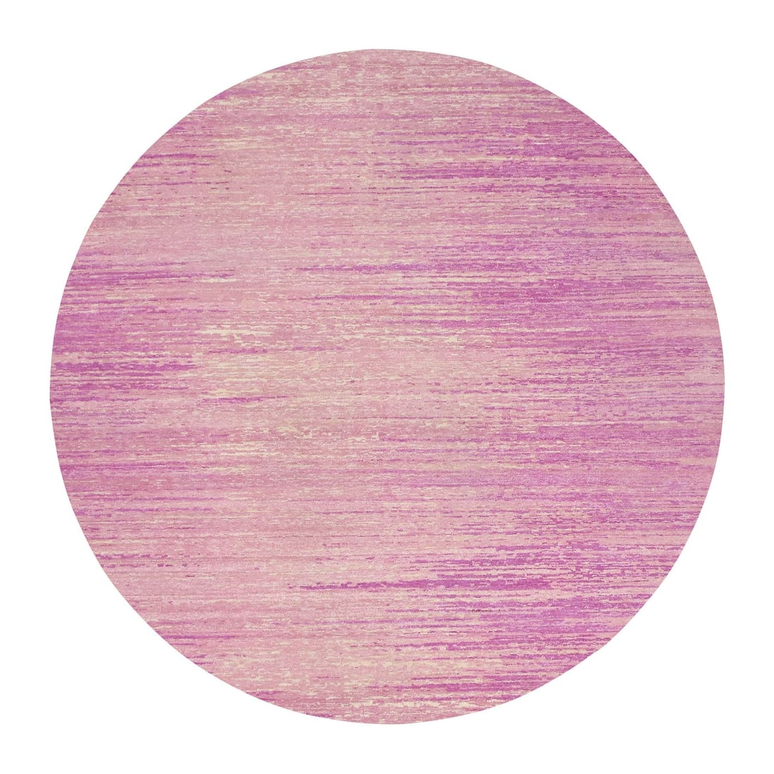 Pink Pure Wool Horizontal Ombre Design Round Rug (10'2"x10'2"): Pink Pure Wool Horizontal Ombre Design Round Rug (10'2"x10'2") Experience the beauty of traditional Indian craftsmanship with this stunning pink ombre design round rug, hand-knotted from soft pure