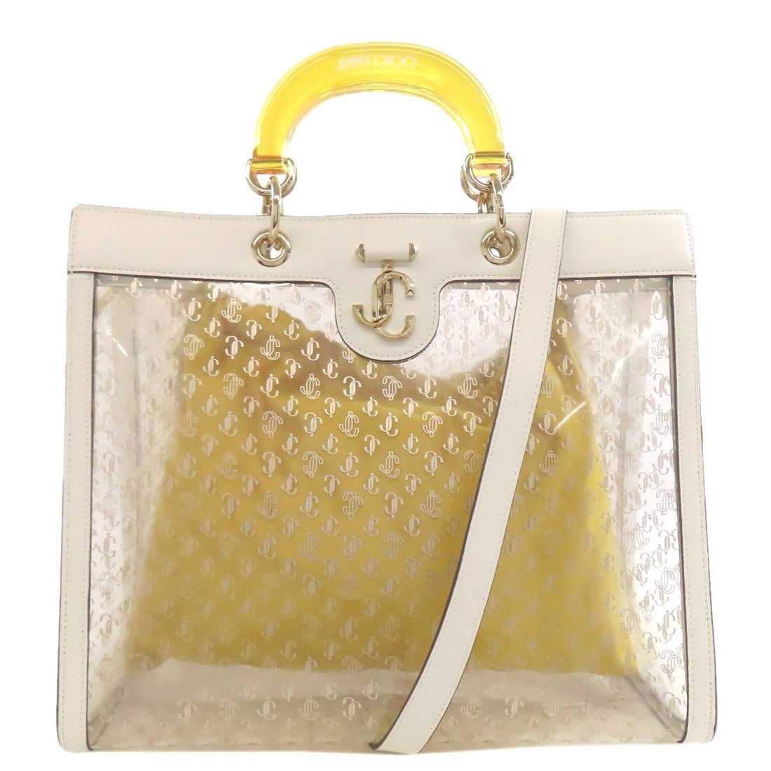 Leather Jimmy Choo 2WAY Handbag Plastics: Leather Jimmy Choo 2WAY Handbag Plastics A sleek and modern take on the classic handbag, this Jimmy Choo 2WAY Handbag boasts a striking white and yellow plastic exterior that adds a touch of edgy
