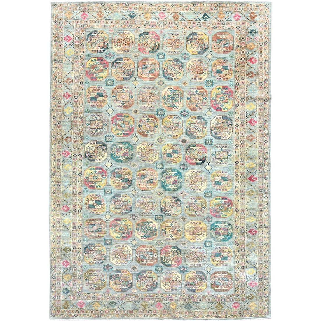 Rug 9'9"x14'1" Silver Blue Afghan Super Kazak Pure Wool Hand Knotted: Rug 9'9"x14'1" Silver Blue Afghan Super Kazak Pure Wool Hand Knotted Experience the warmth and luxury of our stunning Silver Blue Afghan Super Kazak Pure Wool Hand Knotted rug, expertly crafted from 1