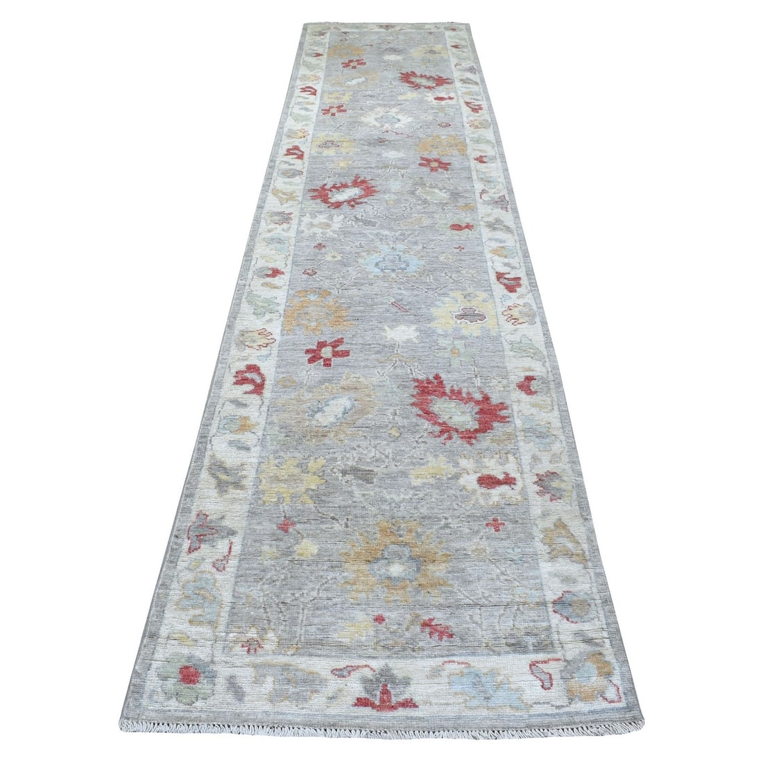 Rug 3'x13'5" Angora Oushaks Hand Knotted Soft Wool Gray Runner: Rug 3'x13'5" Angora Oushaks Hand Knotted Soft Wool Gray Runner Experience the warmth and elegance of traditional Afghan craftsmanship with this stunning hand-knotted Angora Oushak rug, expertly woven