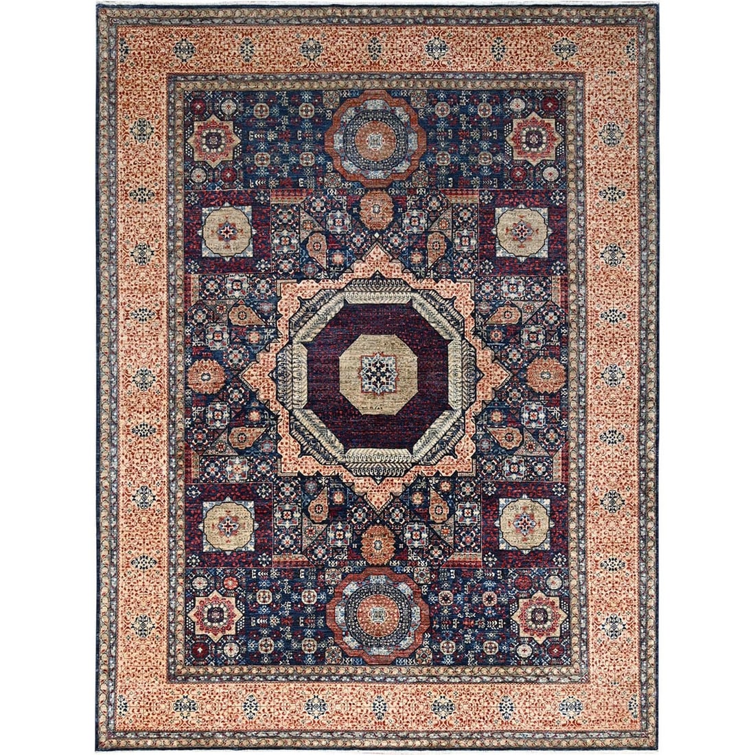 Rug 9'x12' Prussian Blue Hand Knotted Mamluk Dynasty 200 KPSI Soft Wool: Rug 9'x12' Prussian Blue Hand Knotted Mamluk Dynasty 200 KPSI Soft Wool Experience the rich history and beauty of Afghanistan with this stunning 9'x12' Prussian Blue Hand Knotted Mamluk Dynasty rug,