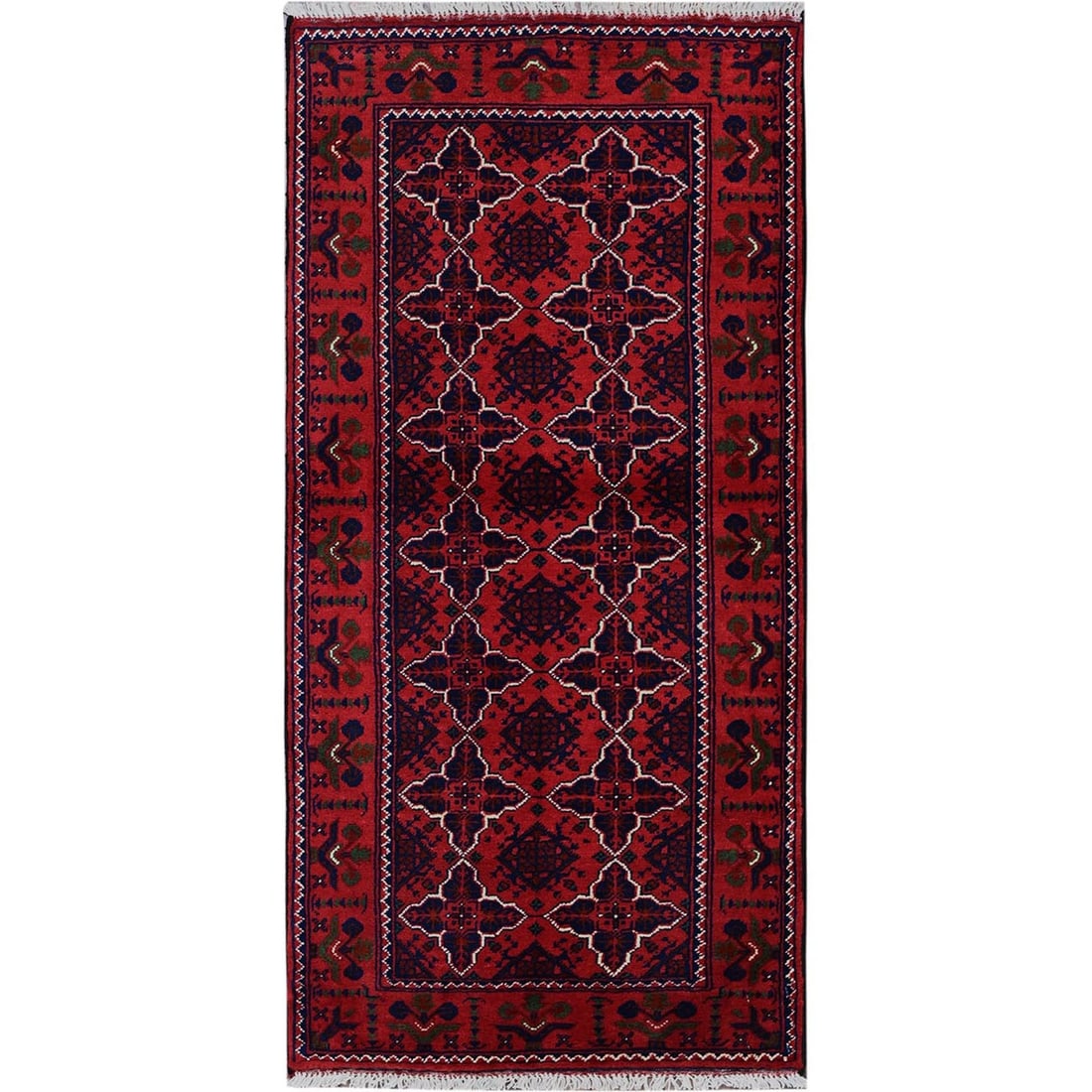 Rug 2'3"x4'8" Red Hand Knotted Geometric Afghan Khamyab Pure Wool Runner: Rug 2'3"x4'8" Red Hand Knotted Geometric Afghan Khamyab Pure Wool Runner Experience the rich cultural heritage of Afghanistan in every fiber of this stunning 100% wool Red Hand Knotted Geometric