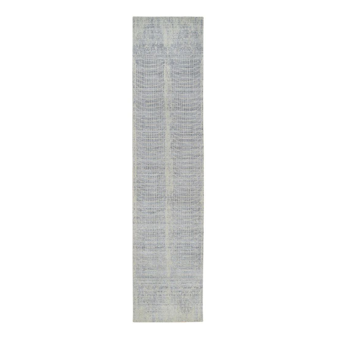 Rug 2'6"x12' Gray Wool And Plant Based Silk Hand Loomed Runner: Rug 2'6"x12' Gray Wool And Plant Based Silk Hand Loomed Runner Experience the rich beauty of Indian craftsmanship with this stunning hand-loomed gray wool and silk runner, expertly woven in traditiona