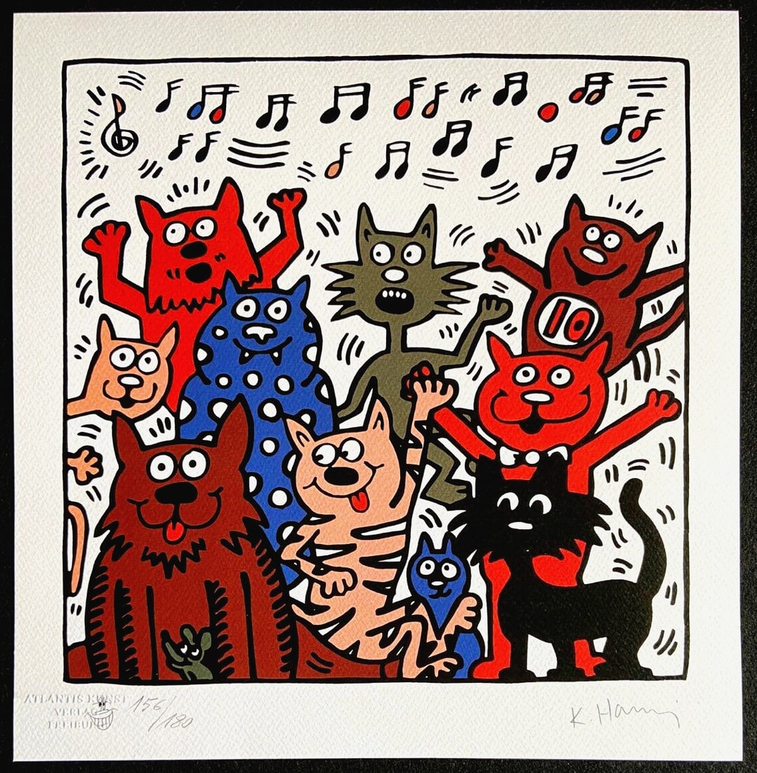 Keith Haring Lithograph from 'Cats', Numbered: Keith Haring Lithograph from 'Cats', Numbered A rare and iconic Keith Haring lithograph from the 1989 'Cats' series, printed in limited edition by Atlantis Verlag in Italy. This authentic piece is