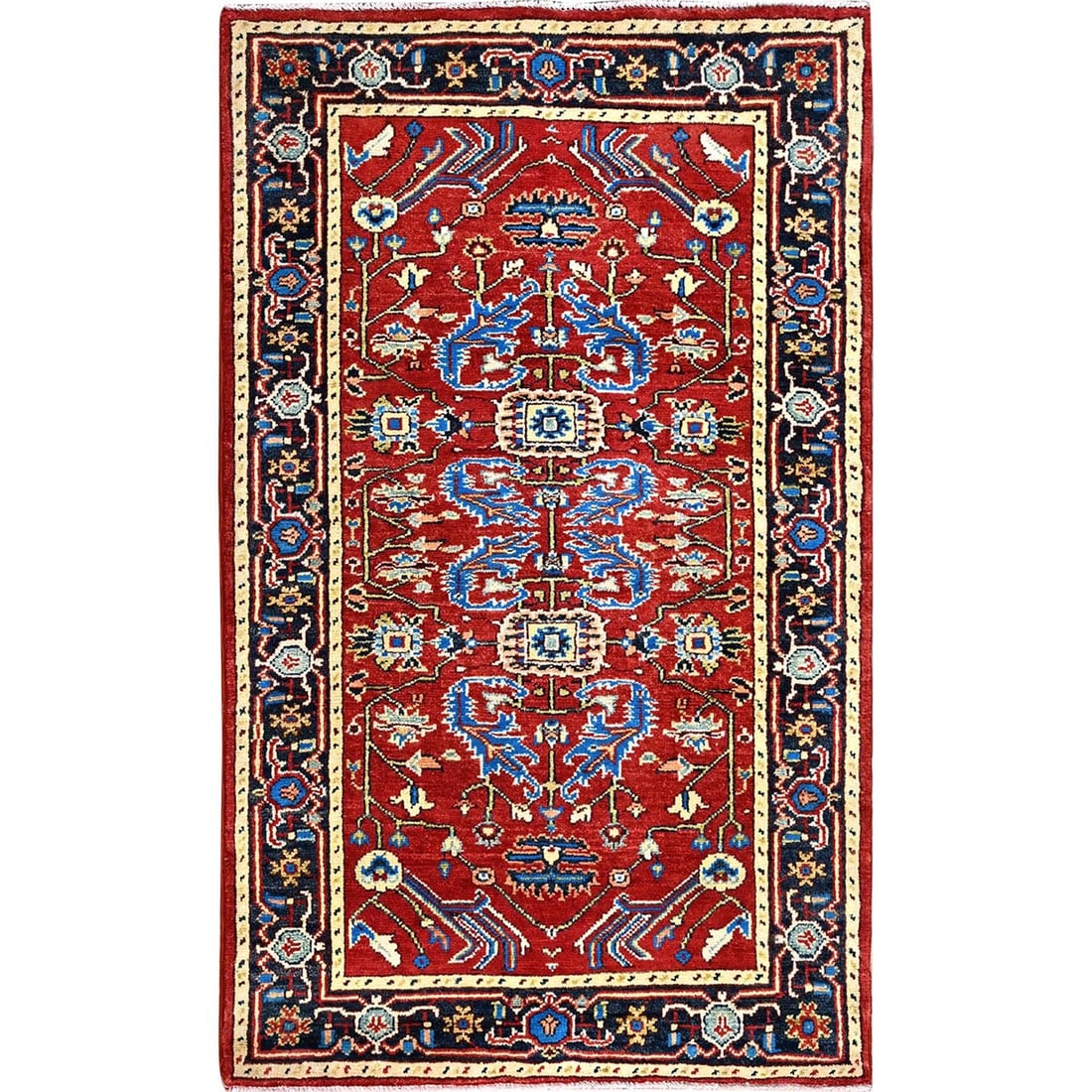 Barn Red Seeripe Heris Design Soft Wool Hand-Knotted 2'10"x4'7" Rug: Barn Red Seeripe Heris Design Soft Wool Hand-Knotted 2'10"x4'7" Rug Experience the rich beauty of Afghan craftsmanship with this stunning Barn Red Seeripe Heris design soft wool hand-knotted rug,