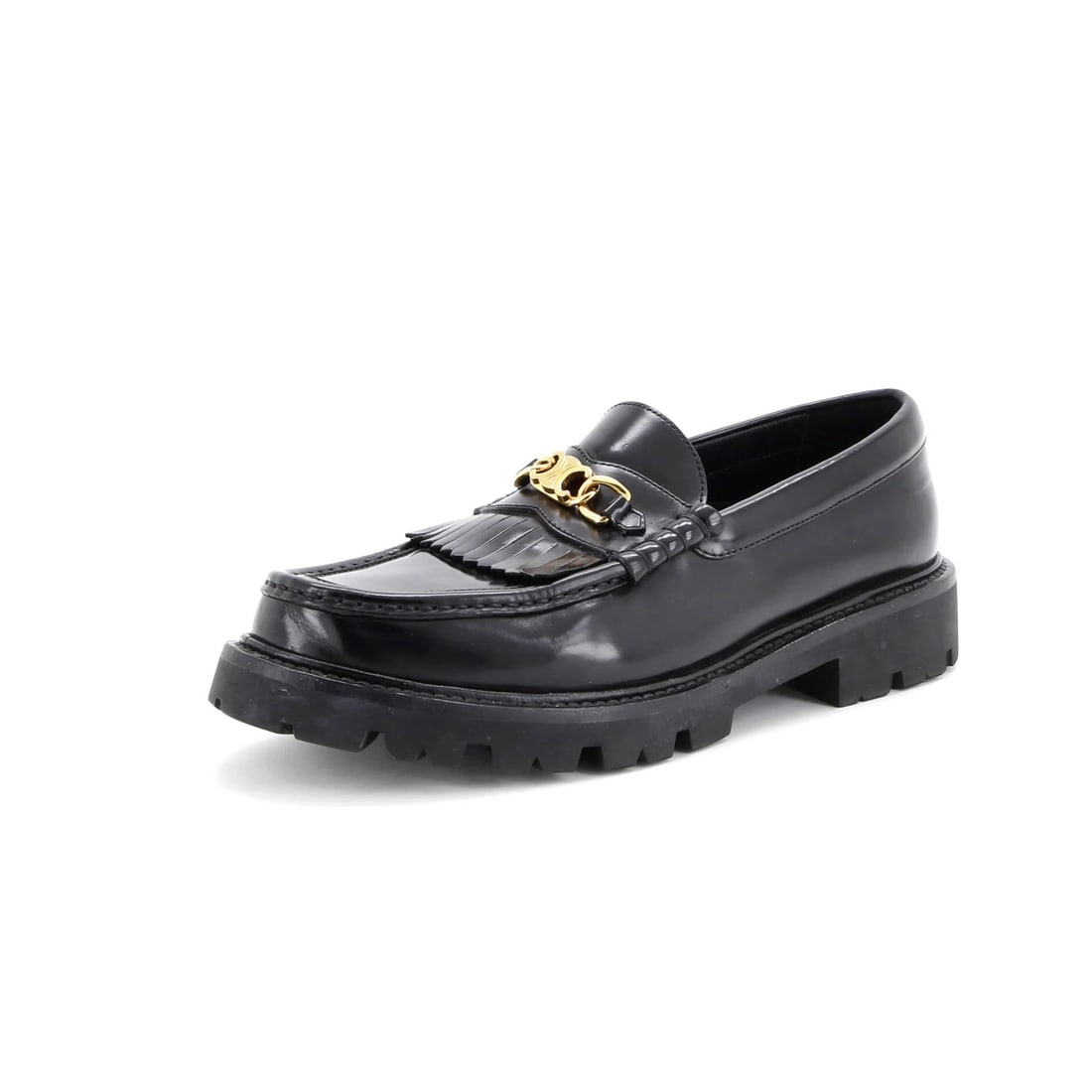 Celine Women's Triomphe Chain Margaret Leather Loafers: Celine Women's Triomphe Chain Margaret Leather Loafers Elevate your shoe game with the sleek and sophisticated Celine Women's Triomphe Chain Margaret Loafers, boasting a timeless black leather exterio