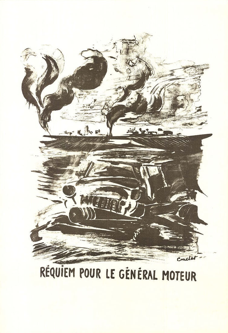 Contempo Lithograph, 1968 - Artist Unknown, "Requiem for General Moteur", 22.5" x 15.5: Contempo Lithograph, 1968 - Artist Unknown, "Requiem for General Moteur", 22.5" x 15.5 A rare and intriguing lithograph from 1968, "Requiem for General Moteur" is a striking black & white piece that s