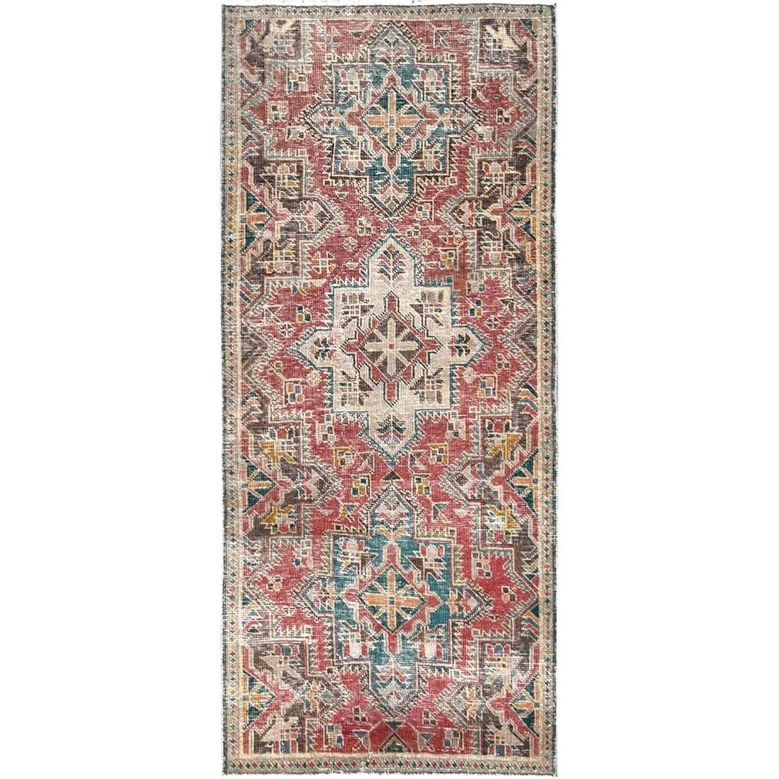 Vintage Red Zoroastrian Tebraz Pure Wool Hand-Knotted Runner Rug (2'7"x5'10"): Vintage Red Zoroastrian Tebraz Pure Wool Hand-Knotted Runner Rug (2'7"x5'10") Experience the rich heritage of Turkish craftsmanship with this stunning vintage Red Zoroastrian Tebraz pure wool