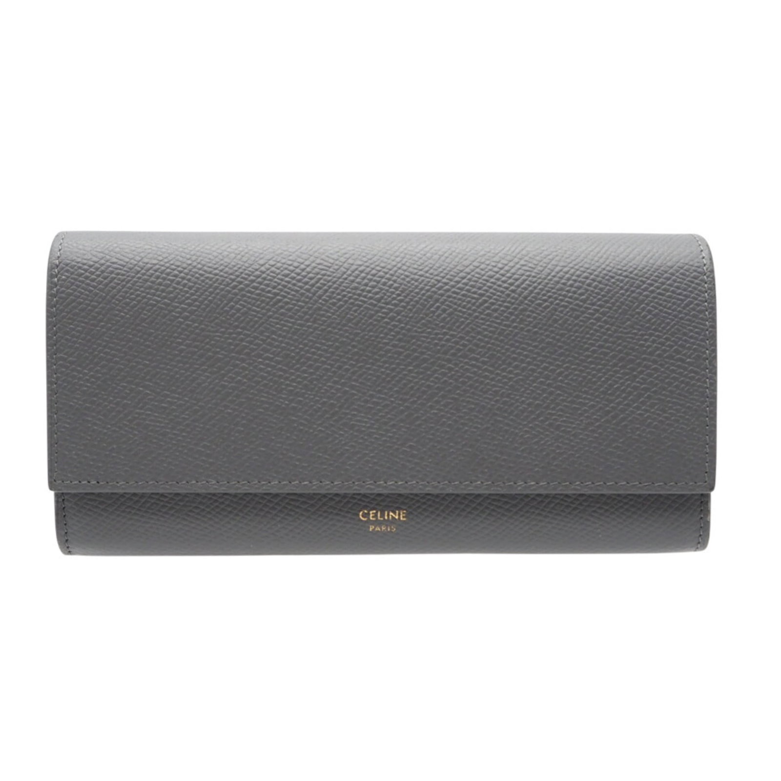 Celine Long Bi-Fold Leather Wallet: Celine Long Bi-Fold Leather Wallet A sleek and sophisticated long bi-fold leather wallet from Celine, perfect for everyday carry. With its classic gray calfskin exterior, button closure, and multiple