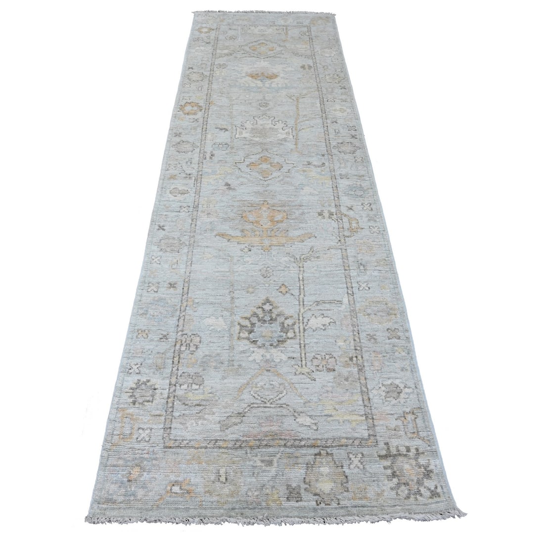 Rug 3'x9'9" Cloud Gray Afghan Angora Oushak Pure Wool Hand Knotted Runner (1 of 6)