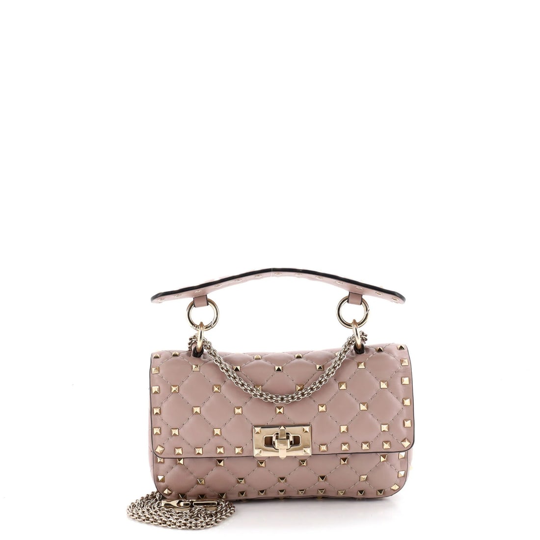 Valentino Garavani Rockstud Spike Flap Quilted Leather Small Bag: Valentino Garavani Rockstud Spike Flap Quilted Leather Small Bag Elevate your style with the Valentino Garavani Rockstud Spike Flap Quilted Leather Small Bag, boasting a striking pink hue and edgy