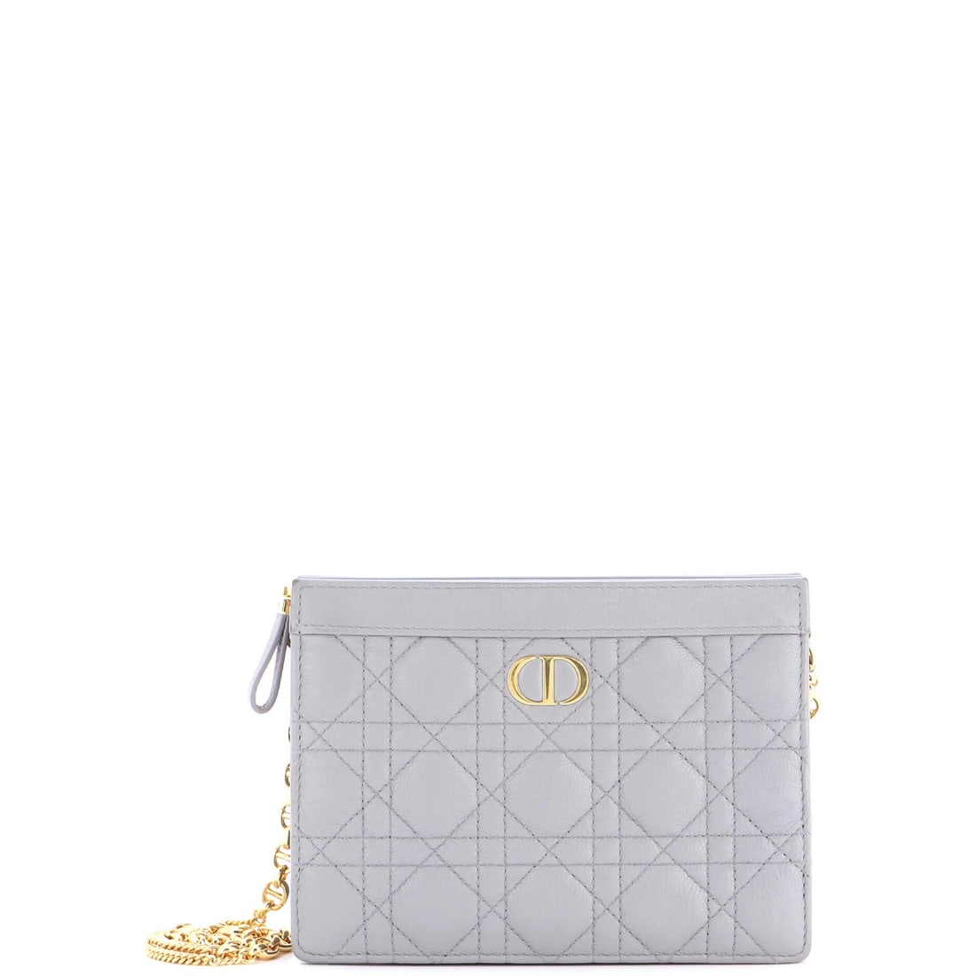 Small Christian Dior Caro Clutch with Chain Cannage Quilt Calfskin: Small Christian Dior Caro Clutch with Chain Cannage Quilt Calfskin Elevate your evening look with the sophisticated Small Christian Dior Caro Clutch, boasting a sleek gray exterior and interior adorne