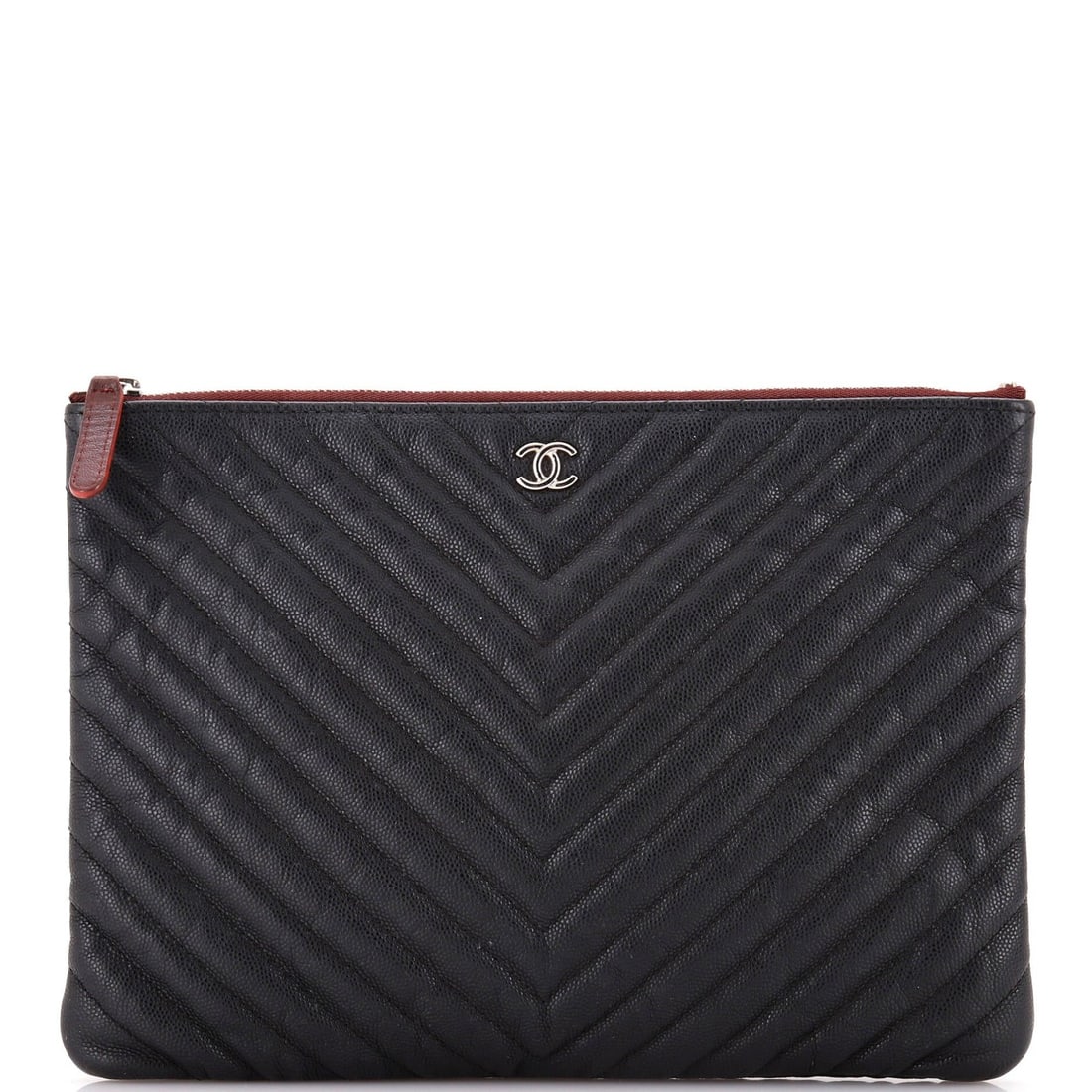 Chanel O-Case Caviar Clutch in Medium Chevron: Chanel O-Case Caviar Clutch in Medium Chevron A sleek and sophisticated Chanel O-Case Caviar Clutch in medium Chevron is up for grabs! This timeless piece boasts classic black leather exterior,