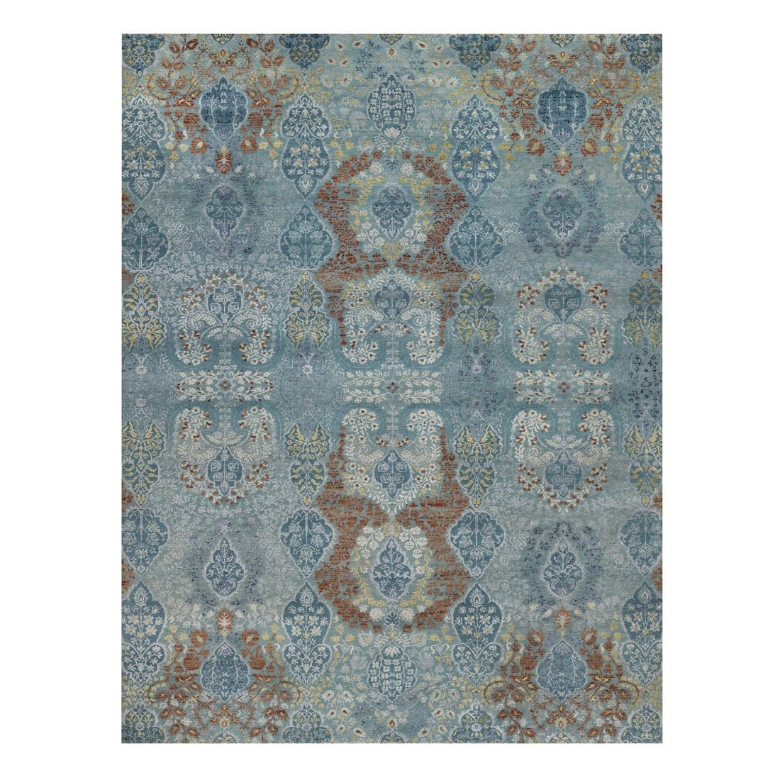 Rug 9'x11'10" Blue Jewelry Design Wool and Silk Hand Knotted Oriental: Rug 9'x11'10" Blue Jewelry Design Wool and Silk Hand Knotted Oriental Experience the timeless elegance of India's rich cultural heritage with this stunning 9'x11'10" blue jewelry design wool and silk