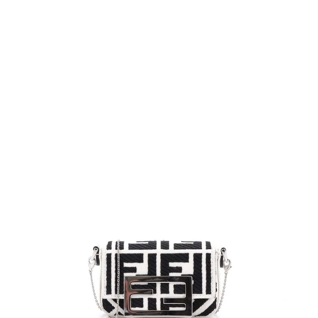 Fendi Nano Canvas Embroidered Zucca Chain Baguette: Fendi Nano Canvas Embroidered Zucca Chain Baguette The Fendi Nano Chain Baguette is a stylish and compact cross-body bag that showcases the iconic Zucca embroidered design on canvas. With its sleek