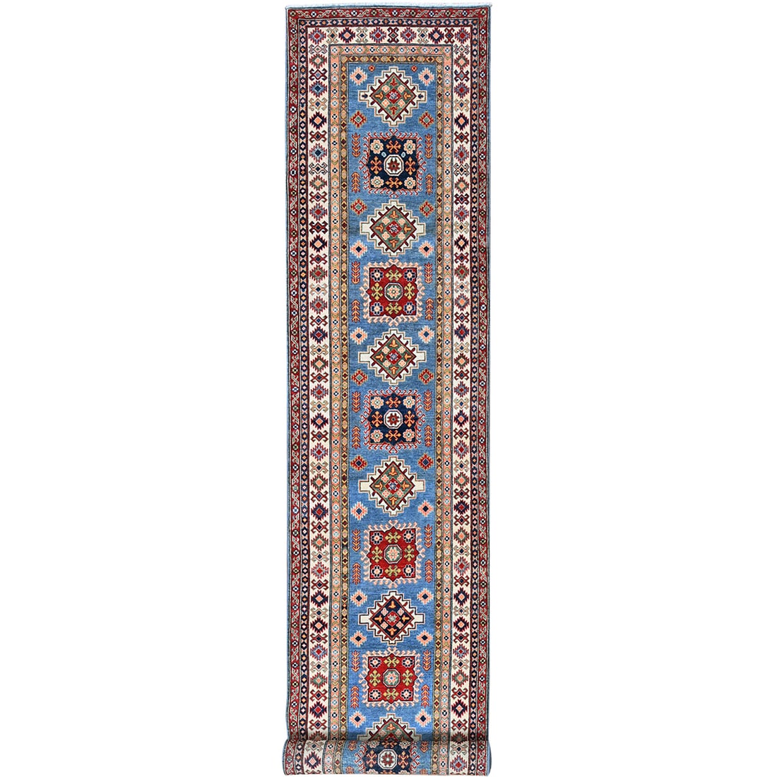 Blue Kazak Geometric Design Soft Wool Hand-Knotted 3'4"x19'6" Runner Rug: Blue Kazak Geometric Design Soft Wool Hand-Knotted 3'4"x19'6" Runner Rug Experience the rich cultural heritage of Afghanistan with this stunning Blue Kazak Geometric Design Soft Wool Hand-Knotted Runn