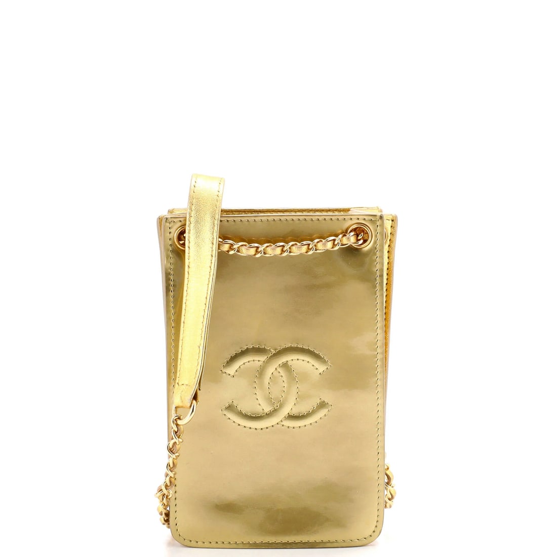 Chanel CC Phone Holder Crossbody Bag in Patent: Chanel CC Phone Holder Crossbody Bag in Patent Elevate your everyday with the iconic Chanel CC Phone Holder Crossbody Bag in Patent, boasting sleek patent leather exterior and gold hardware that adds