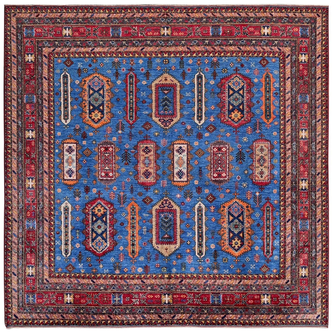 Rug 10'x10' Imperial Blue Caucasian Design Revival Hand Knotted Wool Square: Rug 10'x10' Imperial Blue Caucasian Design Revival Hand Knotted Wool Square Experience the rich heritage of Afghan craftsmanship with this stunning 10'x10' Imperial Blue Caucasian design revival