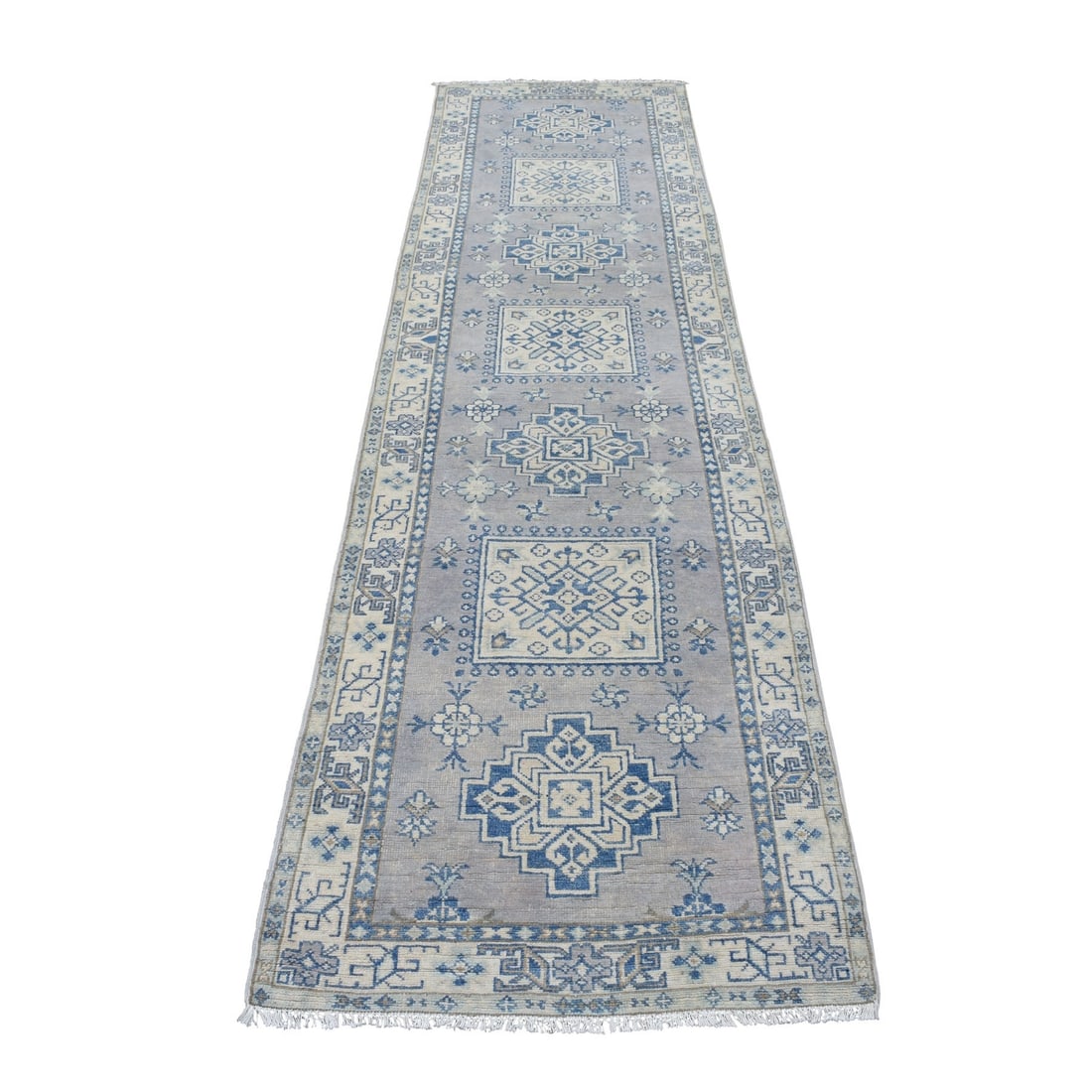Rug 2'6"x9'7" Gray Wide Runner Wool Afghan Vintage Look Kazak Hand Made: Rug 2'6"x9'7" Gray Wide Runner Wool Afghan Vintage Look Kazak Hand Made Experience the rich history and craftsmanship of Afghanistan with this stunning, hand-knotted wool rug, measuring 9'7" in