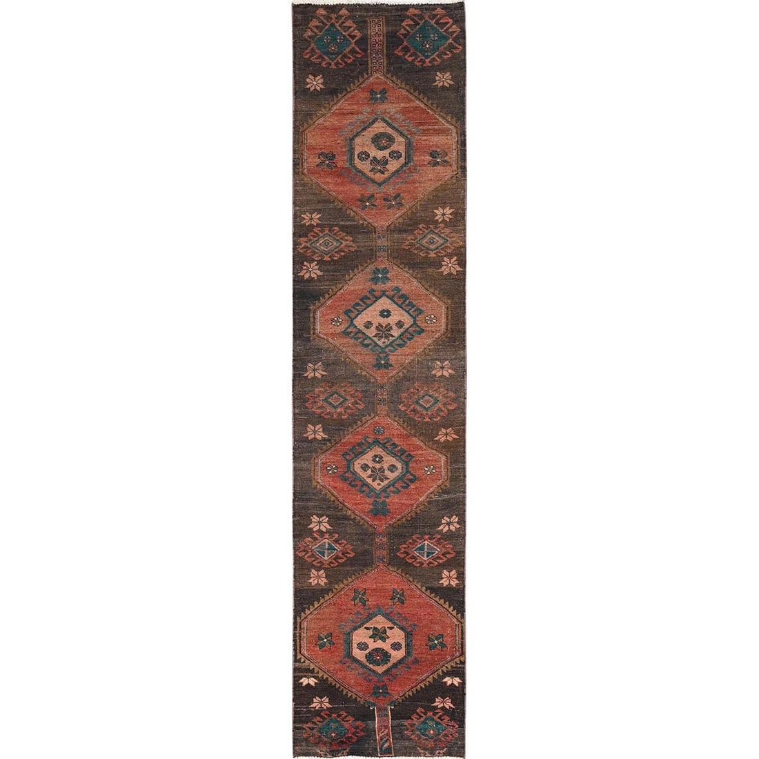 Vintage Brown Northwest Zoroastrian Wool Hand-Knotted Runner Rug (2'5"x11'1"): Vintage Brown Northwest Zoroastrian Wool Hand-Knotted Runner Rug (2'5"x11'1") Experience the timeless beauty of traditional Turkish craftsmanship with this stunning vintage brown Zoroastrian wool
