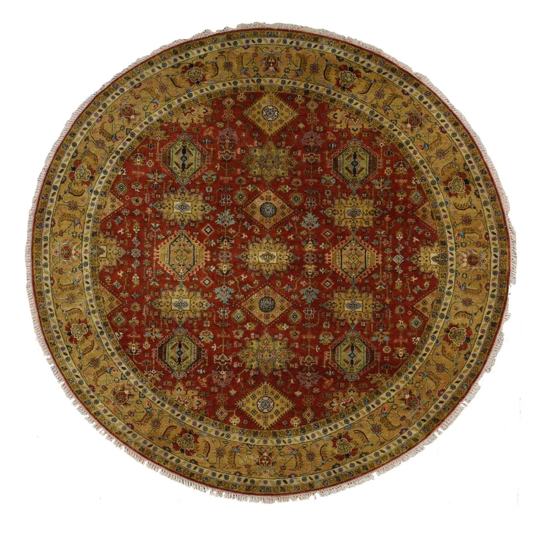 Rug 10'x10' Red Hand Knotted Karajeh Design Pure Wool Round: Rug 10'x10' Red Hand Knotted Karajeh Design Pure Wool Round Experience the rich heritage of Indian craftsmanship with this stunning 10'x10' Red Hand Knotted Karajeh Design Pure Wool Round Rug,