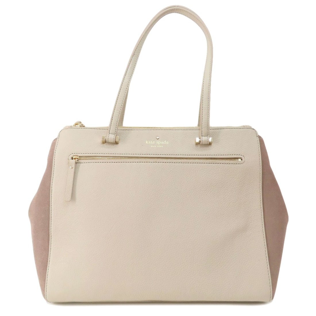 Kate Spade Logo Tote Bag in Leather and Suede: Kate Spade Logo Tote Bag in Leather and Suede Elevate your everyday style with the Kate Spade logo tote bag, boasting a chic combination of leather and suede in a beautiful beige-pink hue. The