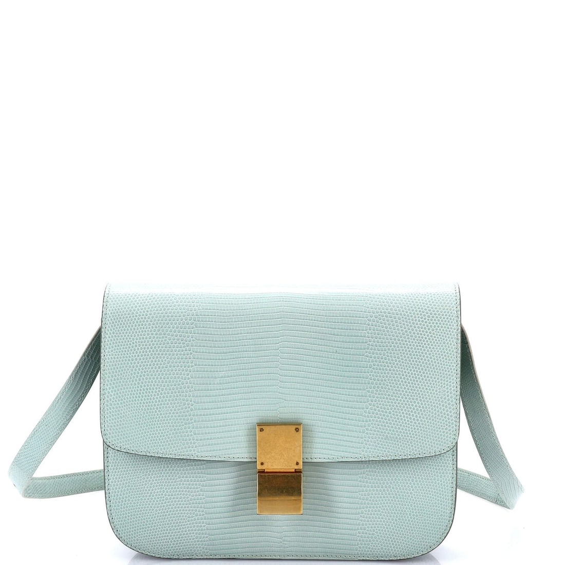 Celine Classic Medium Lizard Box Bag: Celine Classic Medium Lizard Box Bag Elevate your style with the iconic Celine Classic Medium Lizard Box Bag, boasting a stunning green lizard exterior and rich leather interior. This timeless shoulde