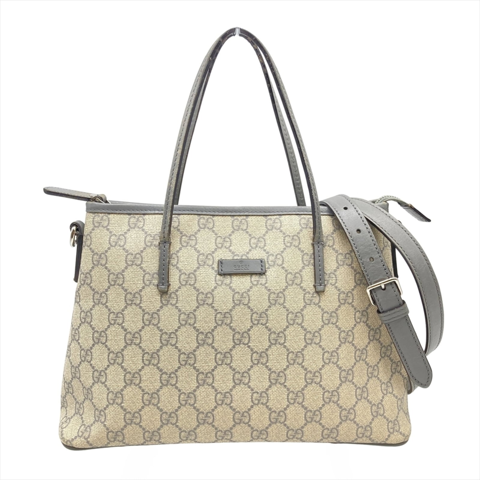 Leather - Gucci Tote Bag Gg Supreme: Leather - Gucci Tote Bag Gg Supreme A pre-owned Gucci Tote Bag in luxurious Gg Supreme leather, featuring a timeless gray color and classic design that exudes sophistication. With its spacious