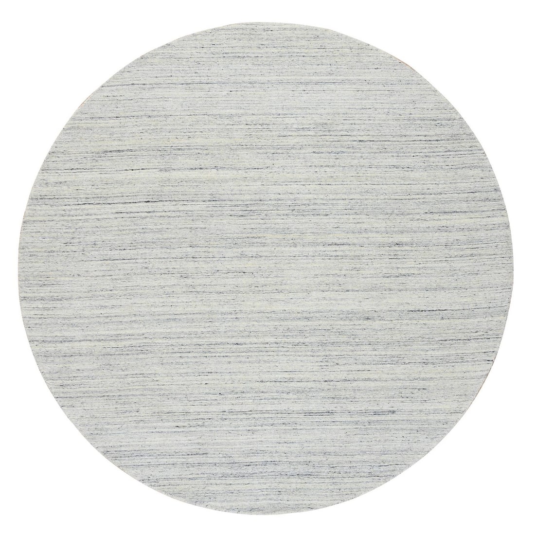 Rug 7'10"x7'10" Ivory Wool Hand Loomed Plain Modern Striae Design Round: Rug 7'10"x7'10" Ivory Wool Hand Loomed Plain Modern Striae Design Round Experience the timeless elegance of Indian craftsmanship with this stunning ivory wool hand loomed round rug, featuring a
