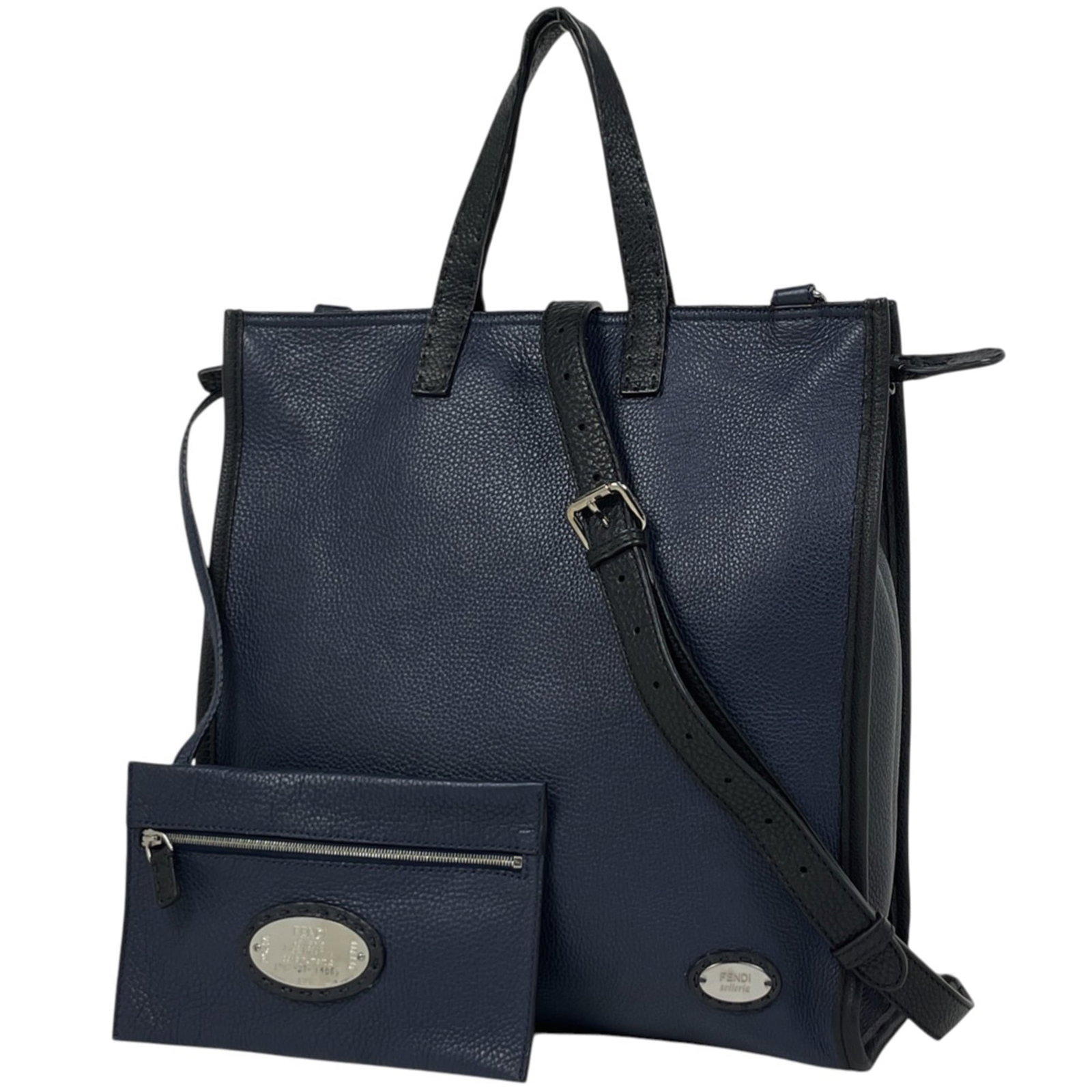Fendi Leather Shoulder and Tote Pouch Bag: Fendi Leather Shoulder and Tote Pouch Bag A luxurious Fendi leather shoulder and tote pouch bag, perfect for adding a touch of high-end elegance to your daily routine. With its classic navy color and