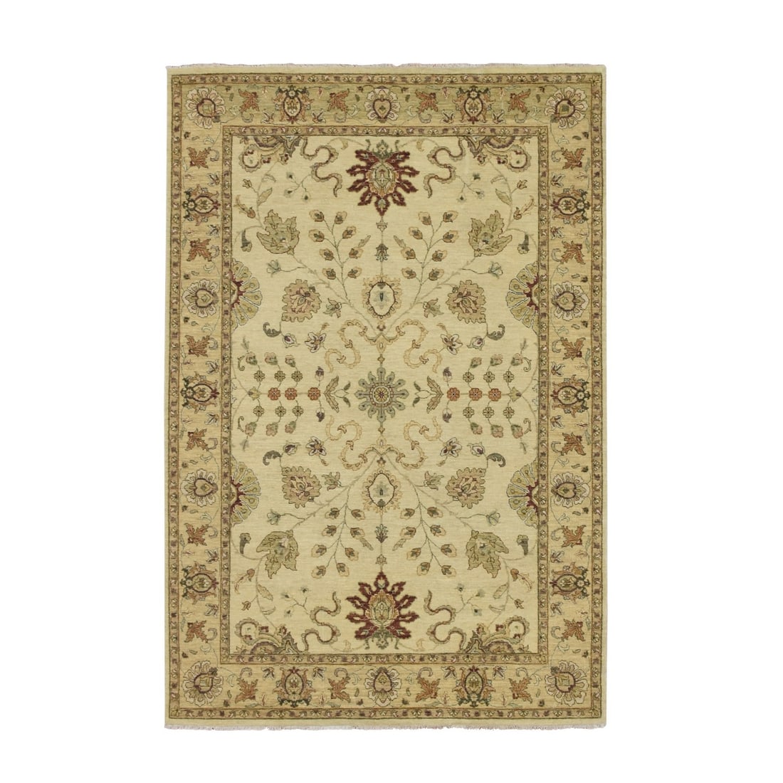 Rug 5'5"x8'1" Ivory Agra Ziegler Design Leaf Pattern Hand Knotted Wool: Rug 5'5"x8'1" Ivory Agra Ziegler Design Leaf Pattern Hand Knotted Wool Experience the timeless beauty of India's rich cultural heritage with this stunning ivory Agra Ziegler design leaf pattern hand-k