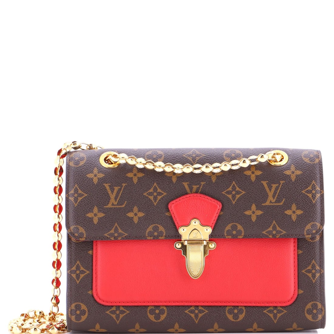 Louis Vuitton Victoire Monogram Canvas and Leather Handbag: Louis Vuitton Victoire Monogram Canvas and Leather Handbag A stunning Louis Vuitton Victoire handbag, boasting the iconic monogram canvas and luxurious leather exterior in a bold red hue, makes for a