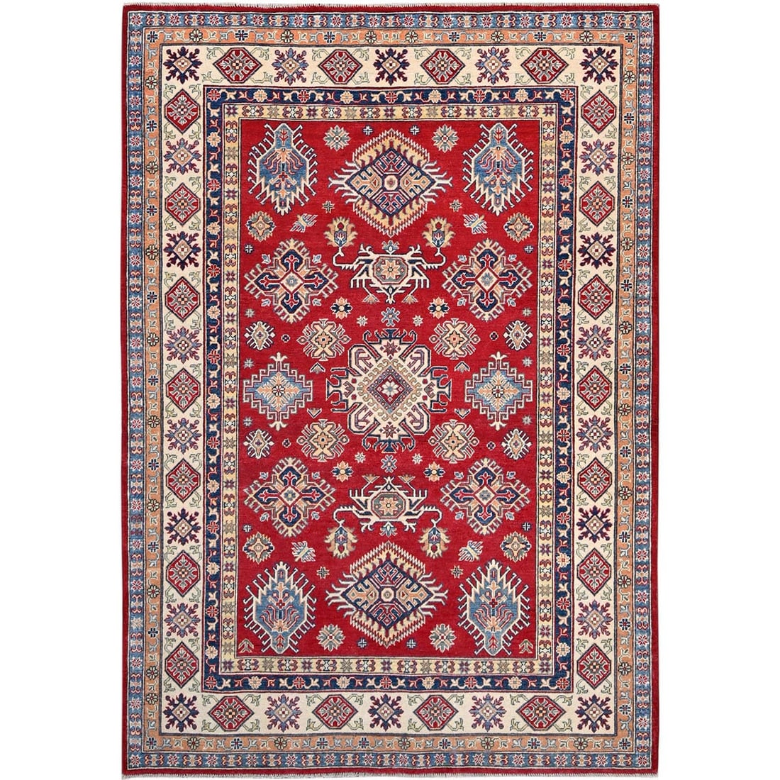 Rug 6'2"x8'9" Red Hand Knotted Densely Woven Kazak Shiny Wool Oriental: Rug 6'2"x8'9" Red Hand Knotted Densely Woven Kazak Shiny Wool Oriental Experience the rich beauty of traditional Afghan craftsmanship in this stunning 6'2"x8'9" Red Hand Knotted Kazak rug, expertly wo