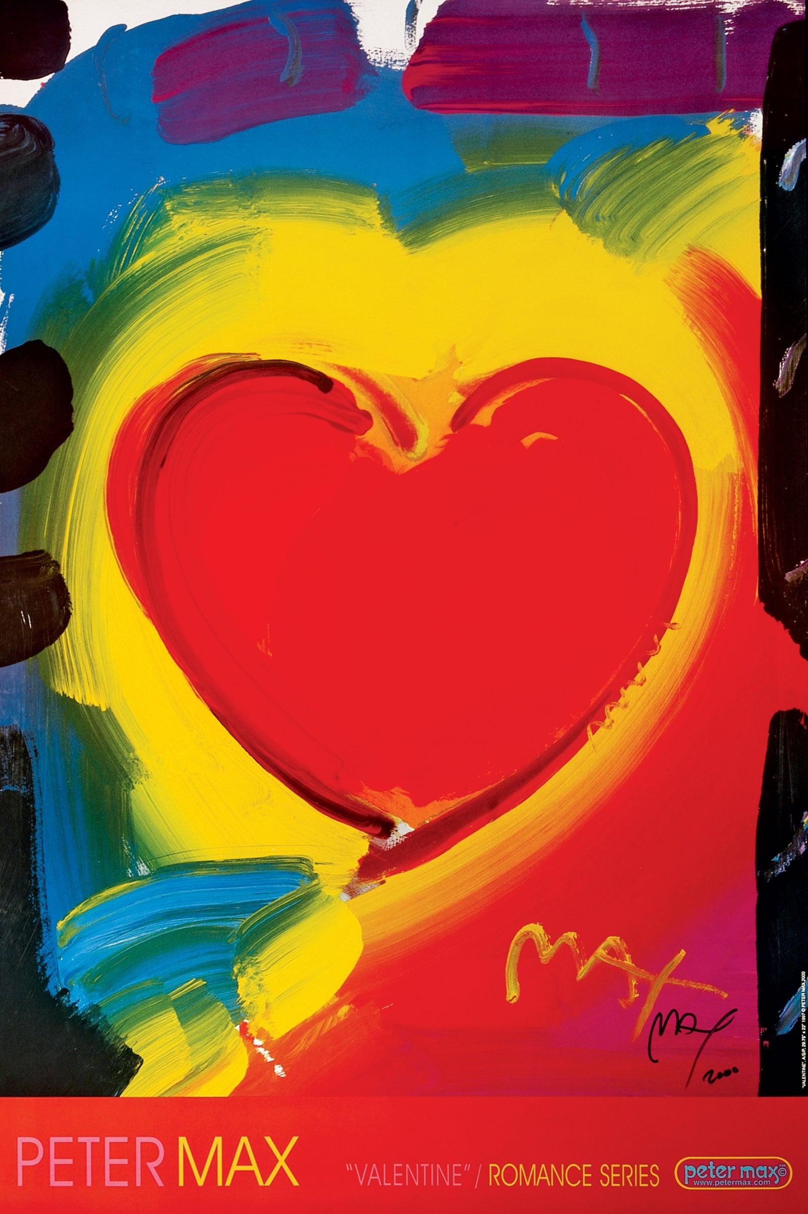 Official Edition Offset Lithograph - Peter Max - Valentine Heart - 2000 - Hand Signed: Official Edition Offset Lithograph - Peter Max - Valentine Heart - 2000 - Hand Signed Experience the vibrant energy of Peter Max's iconic Valentine Heart offset lithograph, hand signed in ink by the