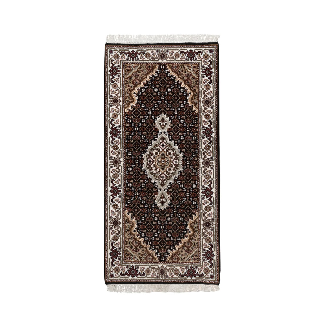 Rug 2'x4'2" Black Tebraz Mahi with Medallion Design Wool Hand Knotted Mat: Rug 2'x4'2" Black Tebraz Mahi with Medallion Design Wool Hand Knotted Mat Experience the rich heritage of India with this stunning 2'x4'2" Black Tebraz Mahi wool hand-knotted rug, boasting an intricat