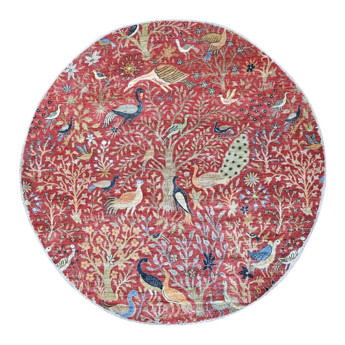 Soft Wool Round, 8'3"x8'3", Red, Hand-Knotted Peshawar Birds of Paradise Design: Soft Wool Round, 8'3"x8'3", Red, Hand-Knotted Peshawar Birds of Paradise Design Experience the rich beauty of Afghan craftsmanship with this stunning, hand-knotted Peshawar-style rug in vibrant red