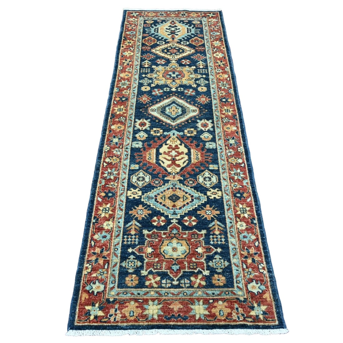 Rug 2'7"x8' Yale Blue Peshawar Karjihooz Design Wool Hand Knotted Runner: Rug 2'7"x8' Yale Blue Peshawar Karjihooz Design Wool Hand Knotted Runner Experience the rich beauty of traditional Afghan craftsmanship with this stunning Yale Blue Peshawar Karjihooz design wool