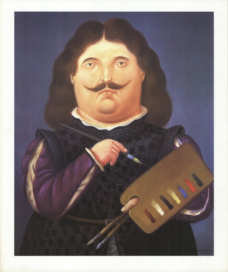 Blac FERNANDO BOTERO Portrait of Velazquez 23" x 19.25" Poster 1999 Contemporary: Blac FERNANDO BOTERO Portrait of Velazquez 23" x 19.25" Poster 1999 Contemporary Experience the vibrant style of Fernando Botero with this striking 1999 offset lithograph poster, "Portrait of Velazque