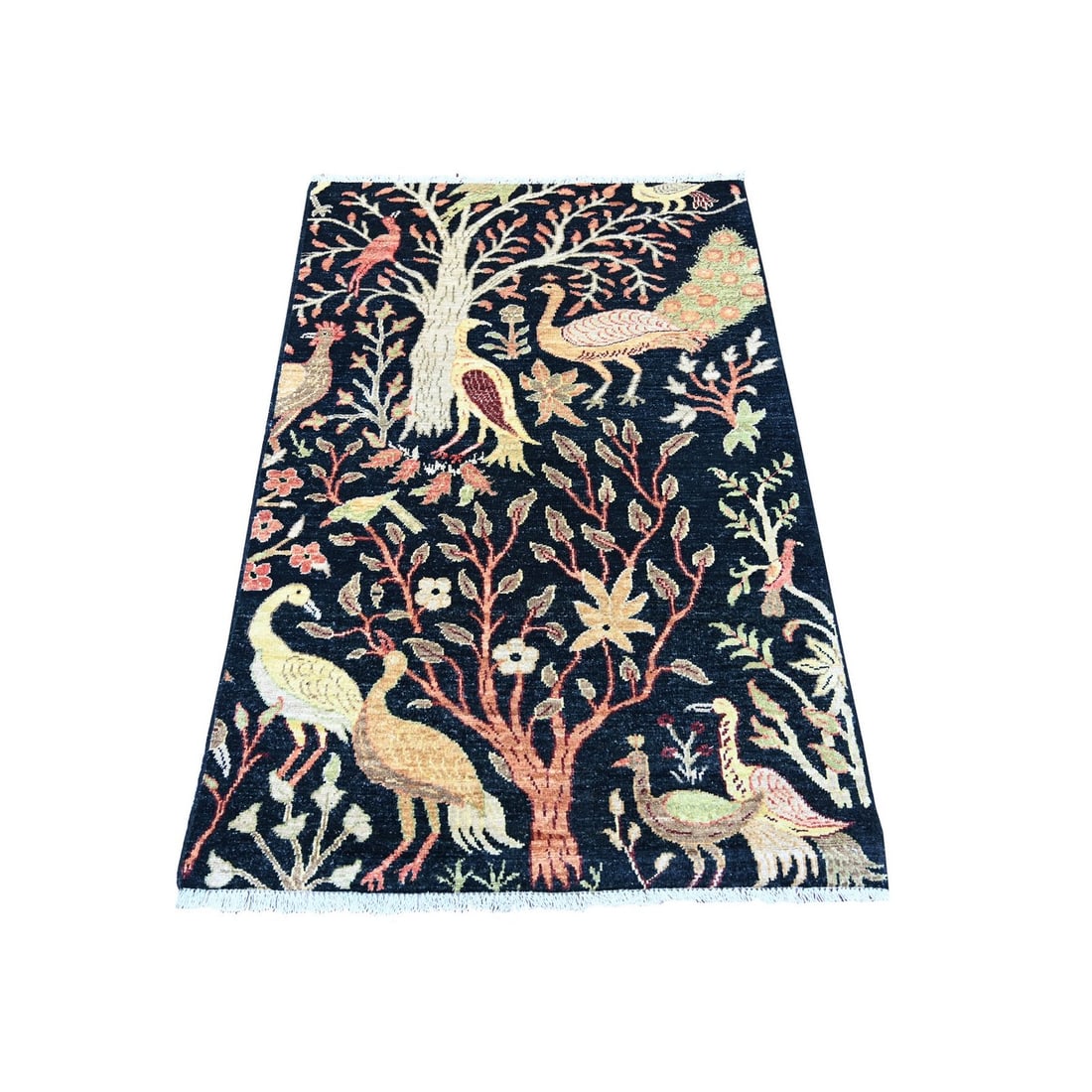 Wool 3'3"x4'9" Black Peshawar Birds of Paradise Design Hand Knotted Soft: Wool 3'3"x4'9" Black Peshawar Birds of Paradise Design Hand Knotted Soft Experience the rich cultural heritage of Afghanistan with this stunning Wool Birds of Paradise design hand-knotted rug,