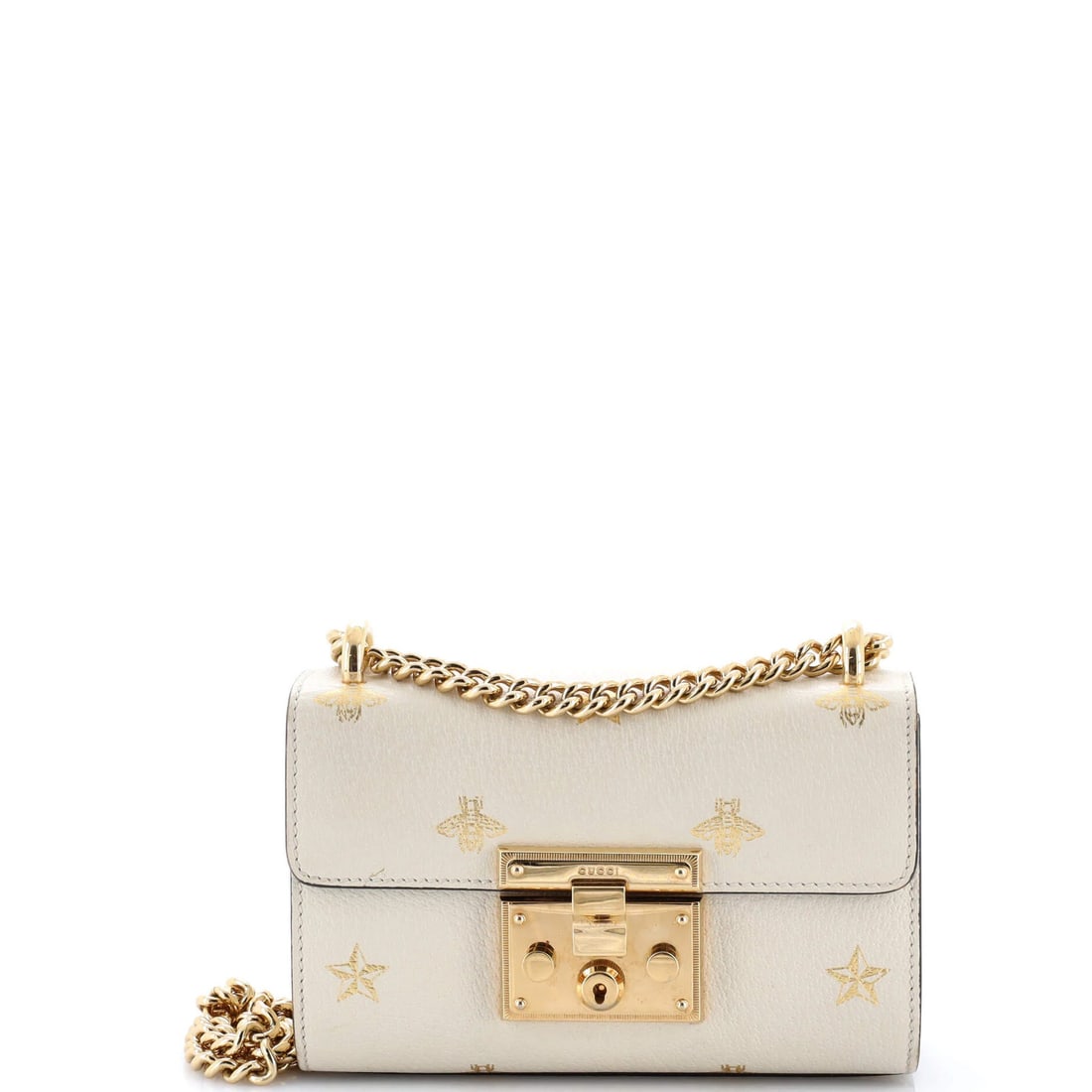 Gucci Small Printed Leather Shoulder Bag with Padlock: Gucci Small Printed Leather Shoulder Bag with Padlock A stylish and unique Gucci shoulder bag, this small printed leather padlock bag boasts a crisp white exterior with subtle gold accents and a
