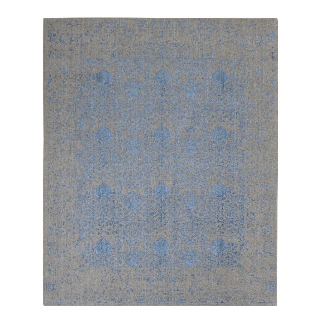 Rug 7'10"x9'9" Blue Soft Wool Hand Loomed Erased Mughal Jewlery Design: Rug 7'10"x9'9" Blue Soft Wool Hand Loomed Erased Mughal Jewlery Design Experience the rich heritage of India with this stunning 7'10"x9'9" hand loomed wool rug, boasting an exquisite erased Mughal