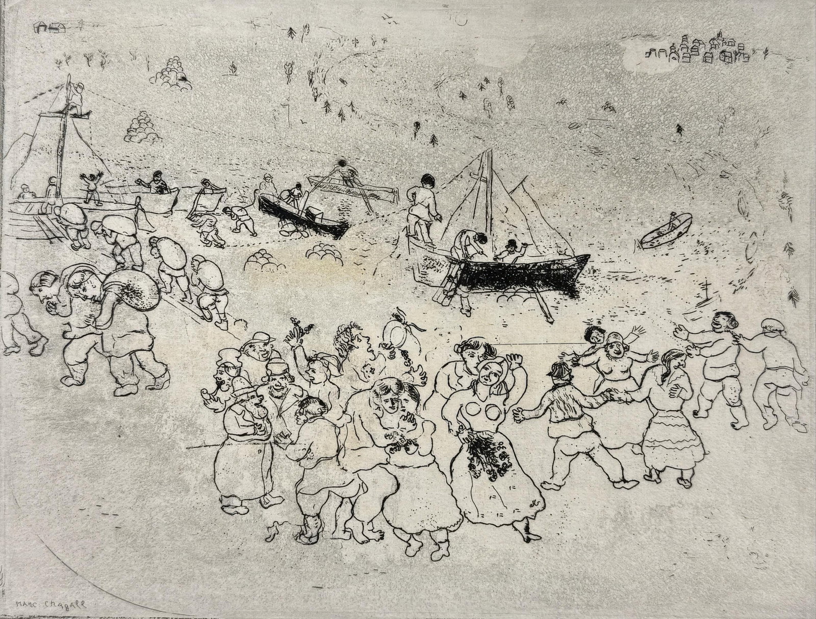 19231927 - Marc Chagall - The Grain Port - from Dead Souls - Etching: 19231927 - Marc Chagall - The Grain Port - from Dead Souls - Etching Experience the poetic transformation of everyday life into symbolic expression by Marc Chagall in his 1923 etching, Le port au ble