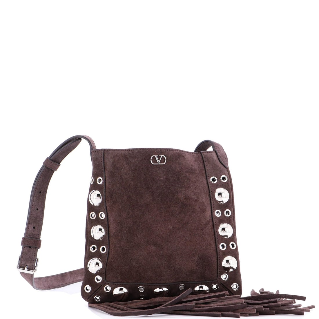 Valentino Garavani Nellcote Studded Suede Shoulder Bag: Valentino Garavani Nellcote Studded Suede Shoulder Bag Elevate your style with the iconic Valentino Garavani Nellcote Studded Suede Shoulder Bag, boasting sleek studded suede exterior and rich brown t